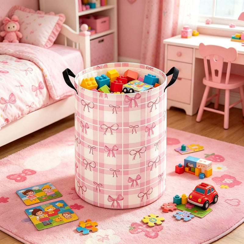 FXOCSHE Baby Laundry hamper,Kids Laundry Basket,Baby Nursery Hamper,Waterproof foldable laundry basket for boys and girls,toy storage box,Kid Room Decor(Pink Grid) - Image 2