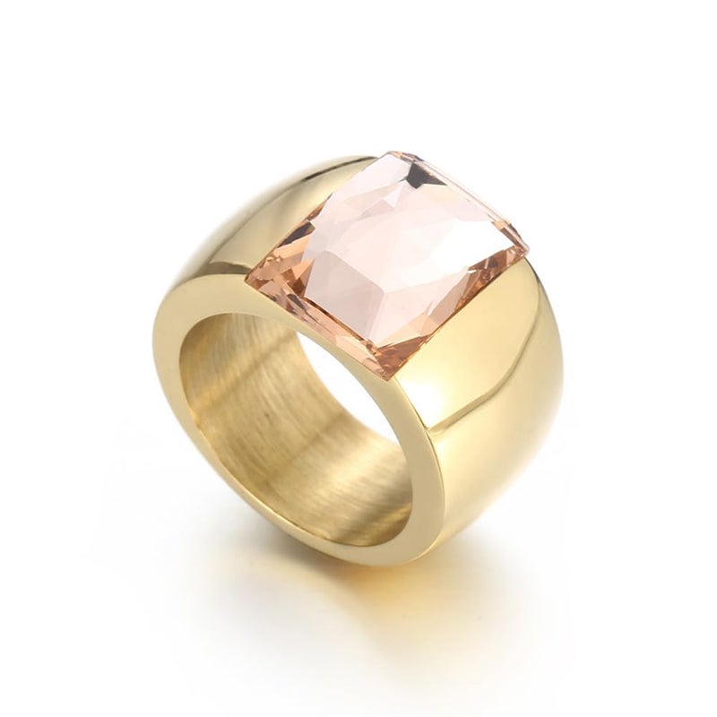 OIDIMS Stunning Large Statement Glass Crystal Rhinestone Band Cocktail Ring Cubic Zirconia Stainless Steel Thick Chunky for Women Men 18k Friend Graduation Gift Evening Party (7, Champagne Gold-Tone) - Image 1