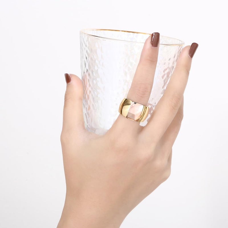 OIDIMS Stunning Large Statement Glass Crystal Rhinestone Band Cocktail Ring Cubic Zirconia Stainless Steel Thick Chunky for Women Men 18k Friend Graduation Gift Evening Party (7, Champagne Gold-Tone) - Image 3