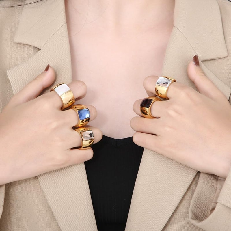 OIDIMS Stunning Large Statement Glass Crystal Rhinestone Band Cocktail Ring Cubic Zirconia Stainless Steel Thick Chunky for Women Men 18k Friend Graduation Gift Evening Party (7, Champagne Gold-Tone) - Image 4