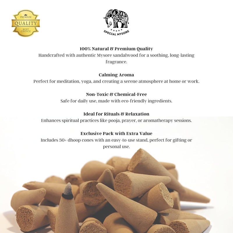 Special Mysore Mysore Sandal Dhoop Cones Pack of 2 90 Natural Organic Cones with Special Sandalwood Fragrance Ideal for Pooja Meditation Free Dhoop Stand Included  - Image 3
