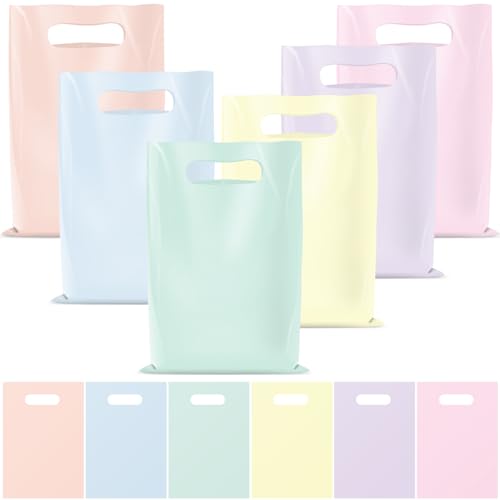 Hallswl 60 Pcs Plastic Pastel Gift Bags Bulk Pastel Treat Bags with Handles Pastel Rainbow Goodie Bags Multi-color Party Favor Bags for Birthday Baby Shower Wedding Easter Mothers Day Party Decorations - Image 1