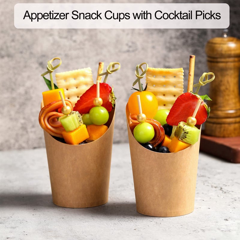 WixiTool Charcuterie Cups Disposable 100 PCS with 200PCS Skewers, 100PCS Bags, 100 Label Sticks, 12 oz Kraft Paper Snack Boxes Appetizers Cup French Fry Holder with Gold Cocktail Toothpicks Tooth Picks - Image 3
