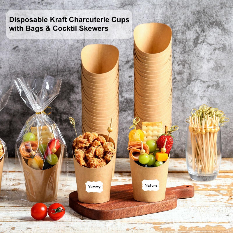 WixiTool Charcuterie Cups Disposable 100 PCS with 200PCS Skewers, 100PCS Bags, 100 Label Sticks, 12 oz Kraft Paper Snack Boxes Appetizers Cup French Fry Holder with Gold Cocktail Toothpicks Tooth Picks - Image 2