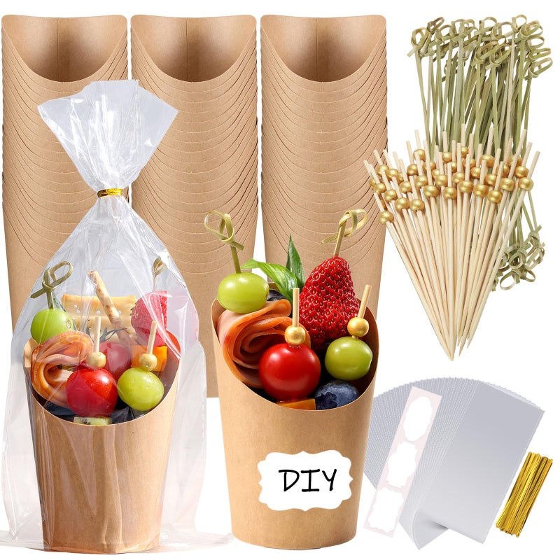 WixiTool Charcuterie Cups Disposable 100 PCS with 200PCS Skewers, 100PCS Bags, 100 Label Sticks, 12 oz Kraft Paper Snack Boxes Appetizers Cup French Fry Holder with Gold Cocktail Toothpicks Tooth Picks - Image 1