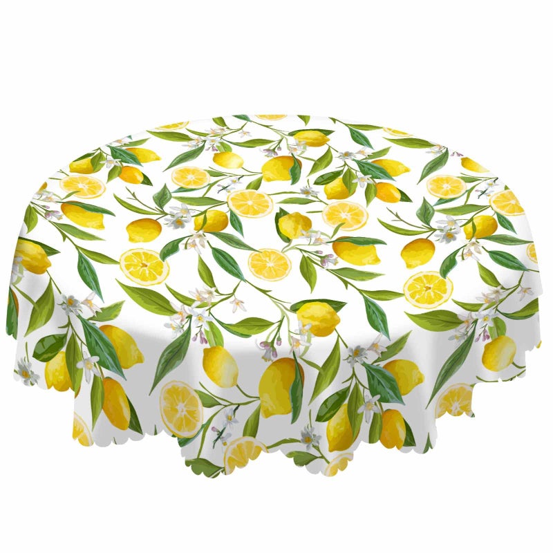 AOYEGO Yellow Lemon Tablecloth Round Table Cloth Fruit Tree Branches Leaves Flowers Bloom Bright Summer Polyester Tablecloths 60 Inch for Dining Room Party Banquet