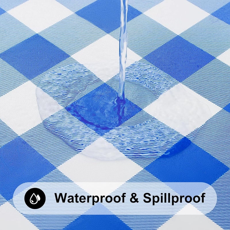 smiry Round Picnic Tablecloth, Elastic Waterproof Fitted Vinyl Tablecloths for 18"-24" Tables, Flannel Backed Buffalo Plaid Table Cover for Dining, Camping, Outdoor, White and Blue - Image 3