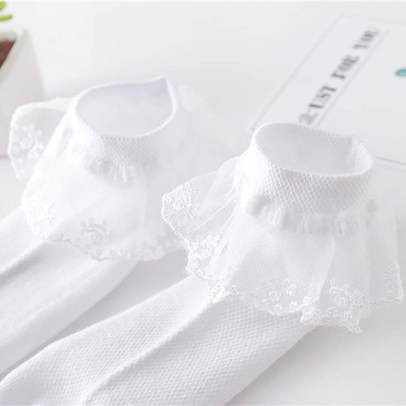 Looching 4 Pairs Toddler Baby Girls Lace Princess Socks Cotton Ruffled Solid Ankle Socks White 1-4T - Image 3