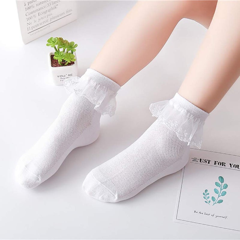 Looching 4 Pairs Toddler Baby Girls Lace Princess Socks Cotton Ruffled Solid Ankle Socks White 1-4T - Image 5