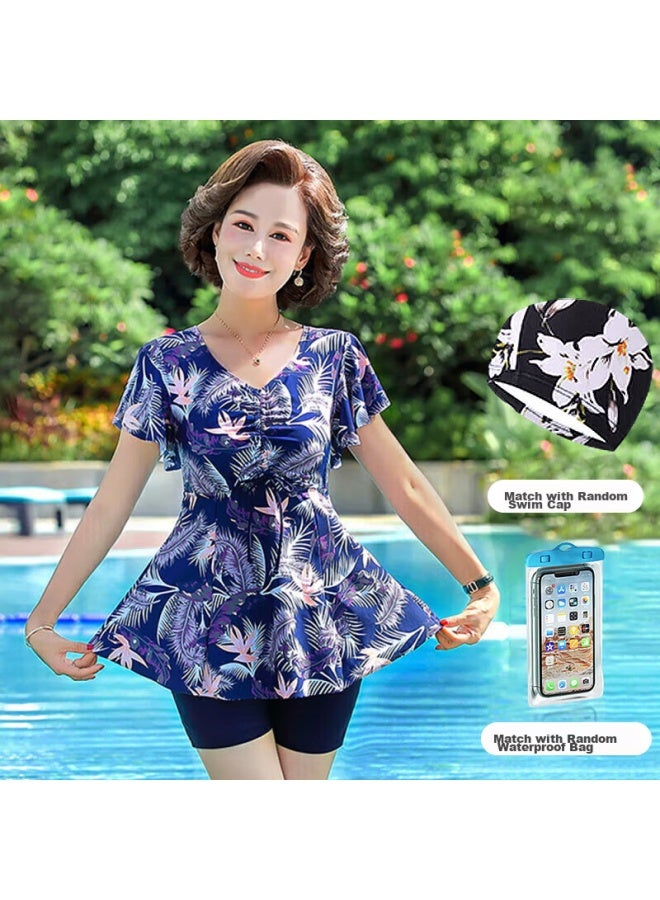 F.dyraa Women's Slimming Swimsuit Dress, Conservative Hot Spring Swimwear For Middle-aged And Elderly, Four-piece Set, 11701 Blue 3XL - Image 1