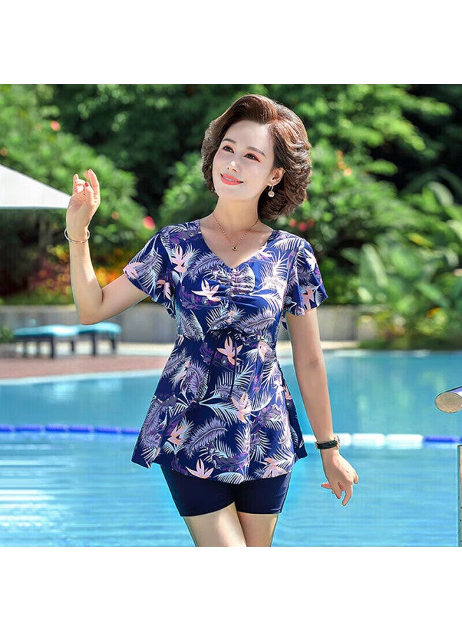 F.dyraa Women's Slimming Swimsuit Dress, Conservative Hot Spring Swimwear For Middle-aged And Elderly, Four-piece Set, 11701 Blue 3XL - Image 3