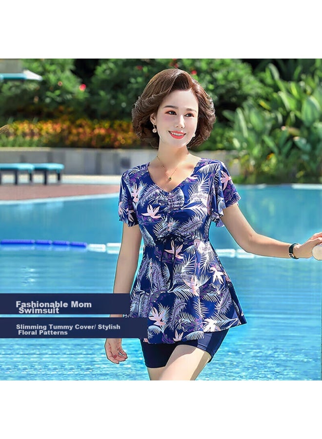 F.dyraa Women's Slimming Swimsuit Dress, Conservative Hot Spring Swimwear For Middle-aged And Elderly, Four-piece Set, 11701 Blue 3XL - Image 2