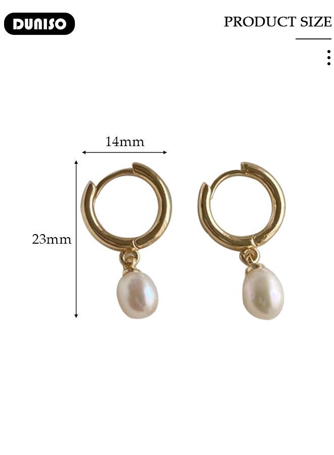 DUNISO Gold Pearl Drop Earrings for Women Freshwater Cultured Pearl Dangle Small Huggies Hoop Earrings, Dainty Fashion Bohemian Earrings for Ladies Birthday Gift - Image 4