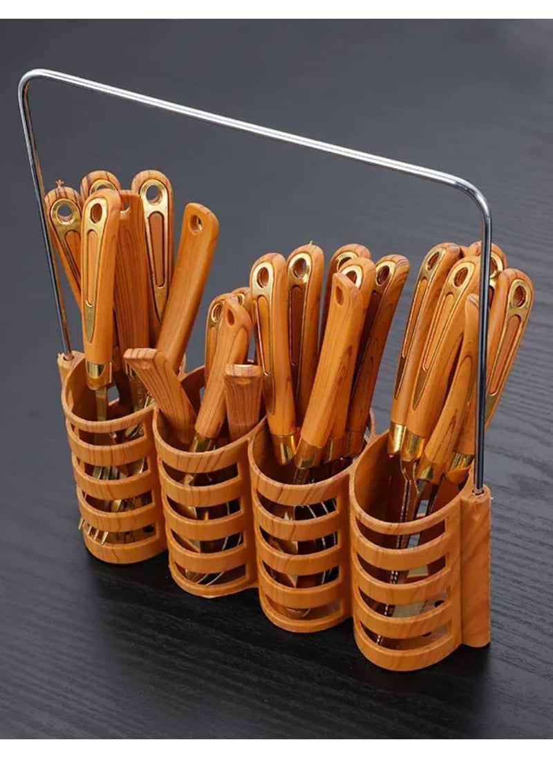 LDQ 24-Piece Wooden Handle Silverware Set – Stainless Steel Flatware Cutlery Set with Steak Knives, Forks, and Spoons – Luxury Dining Set.  - Image 1