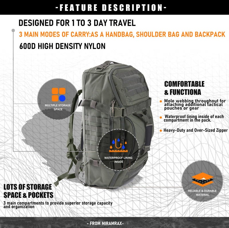 Miramrax Gym Bag Duffle Bags Backpack - Travel Weekender Bag for Men Women Workout Bag for Military,Sports,Overnight,Basketball,Tactical,Football,Waterproof & Tear Resistant (Green, 25L) - Image 2