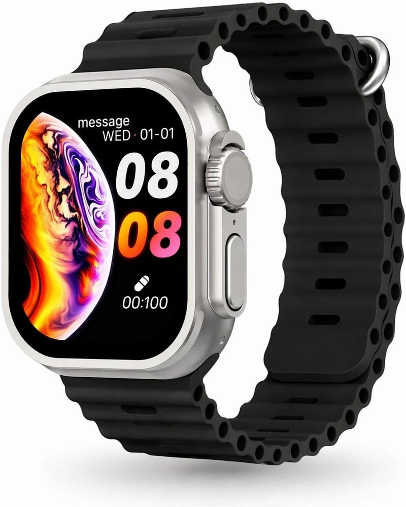 T800 Ultra Smart Watch, 1.99 Inch Screen, Bluetooth, Waterproof, Wireless Charging, Fitness Tracker (Titanium & Black Strap) - Image 1