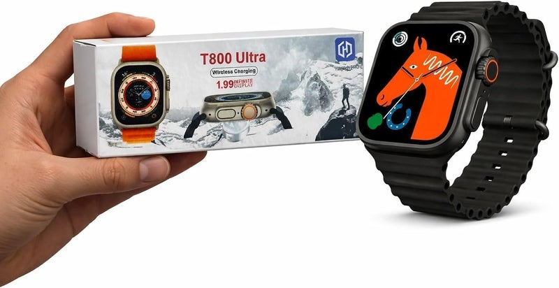 T800 Ultra Smart Watch, 1.99 Inch Screen, Bluetooth, Waterproof, Wireless Charging, Fitness Tracker (Titanium & Black Strap) - Image 2