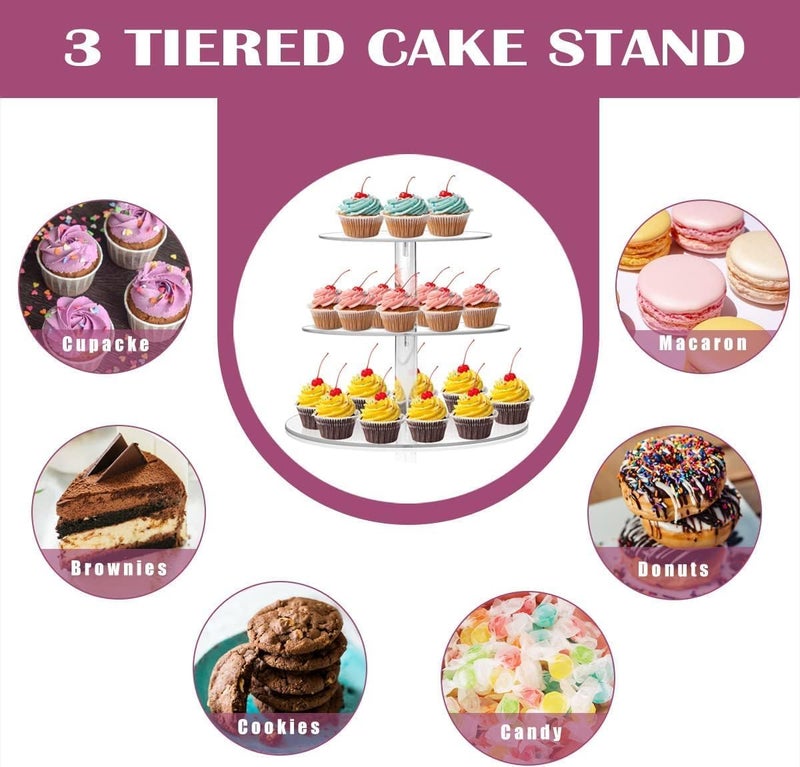 Azonee 3 Tiers Round Cupcake Stand, Acrylic Cake Stand Cupcake Holder Serving Stand Macaron Display Rack Cookie Candy Buffet Desserts Platter for Baby Shower, Birthday Party, Wedding - Image 4