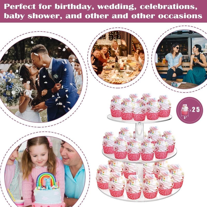 Azonee 3 Tiers Round Cupcake Stand, Acrylic Cake Stand Cupcake Holder Serving Stand Macaron Display Rack Cookie Candy Buffet Desserts Platter for Baby Shower, Birthday Party, Wedding - Image 2