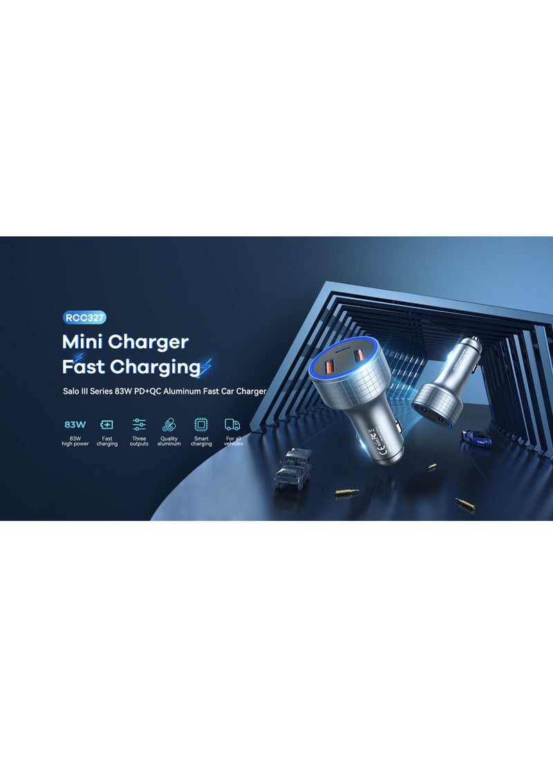REMAX Aluminum Fast Car Charger 3 Ports 83W PD+QC Grey  - Image 2