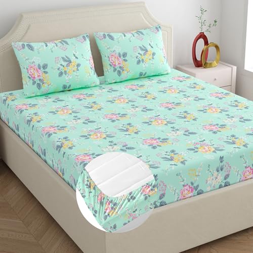 Home Ecstasy 100% Cotton King Bedsheet with 2 Pillow Covers - (Size 72 x 78 inches, 140 TC, Colour - Seagreen: Sea Foam) - Image 1