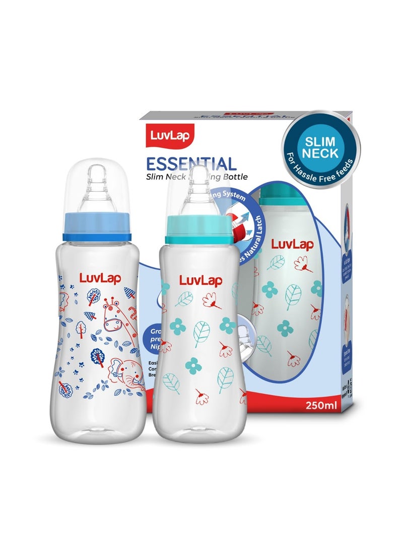 لوفلاب زجاجة رضاعة لوف لاب الأساسية المضادة للمغص، ذات رقبة رفيعة/عادية، 250 مل (عبوة من قطعتين)، مناسبة للأطفال حديثي الولادة/الرضع/الأطفال الصغار حتى 3 سنوات، بنقشة حكايات الغابة والزهور البرية، خالية من مادة BPA، لون أزرق - Image 1