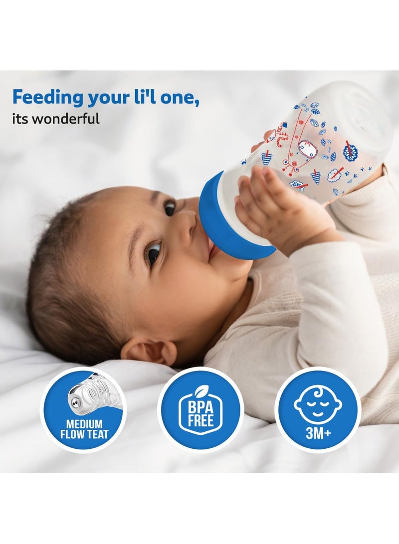 لوفلاب زجاجة رضاعة لوف لاب الأساسية المضادة للمغص، ذات رقبة رفيعة/عادية، 250 مل (عبوة من قطعتين)، مناسبة للأطفال حديثي الولادة/الرضع/الأطفال الصغار حتى 3 سنوات، بنقشة حكايات الغابة والزهور البرية، خالية من مادة BPA، لون أزرق - Image 3