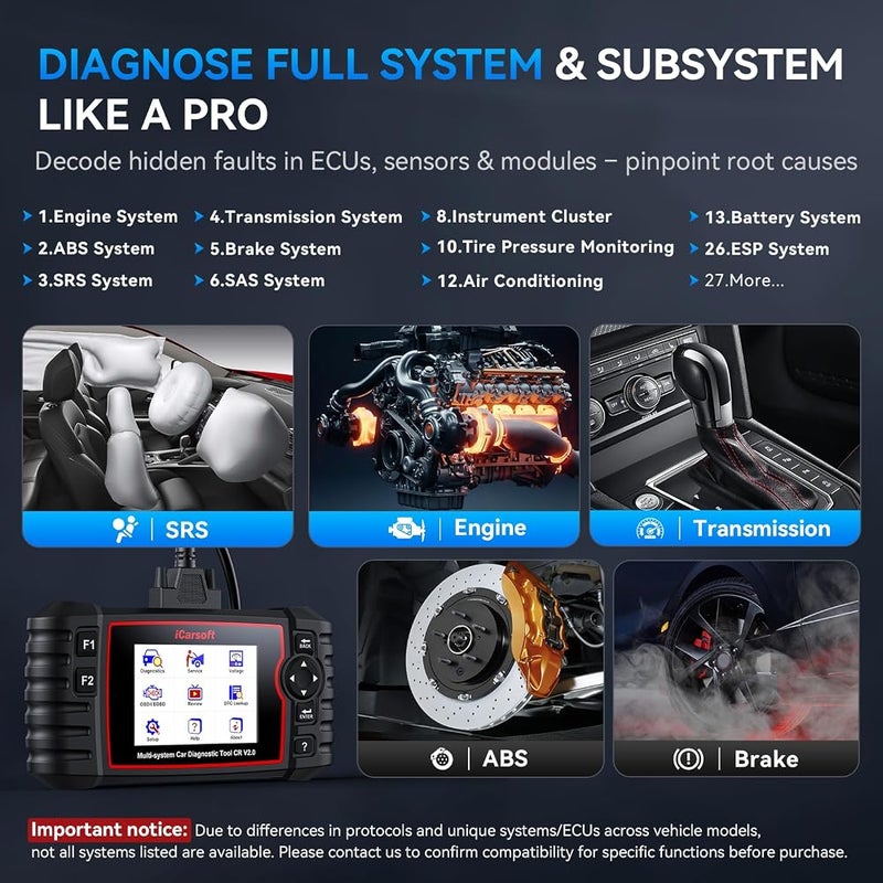 آي كار سوفت 1 iCarsoft CR V2.0 أداة تشخيص ماسح OBD2 لجميع الأنظمة مع 9 وظائف إعادة ضبط، يسمح بتشخيص 10 ماركات سيارات، بيانات حية/اختبار البطارية/إعادة ضبط BMS/قراءة VIN تلقائية/ماسح للسيارة، تحديث مجاني مدى الحياة - Image 2