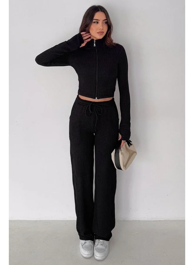 Women's Ribbed Zip-Up Set – Black Motion