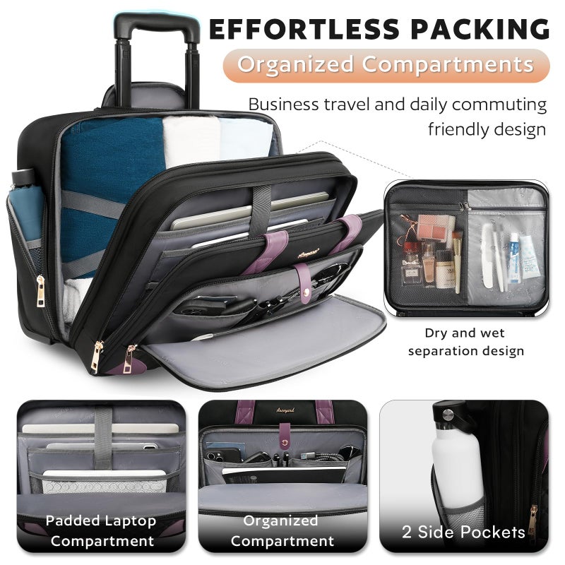 Arcoyard Rolling Laptop Bag, Rolling Briefcase for Women with Waterproof Pocket, 16 Inch Computer Bag, Underseat Carry On Luggage with Wheels for Work Travel Business, Lightweight Black Purple - Image 3