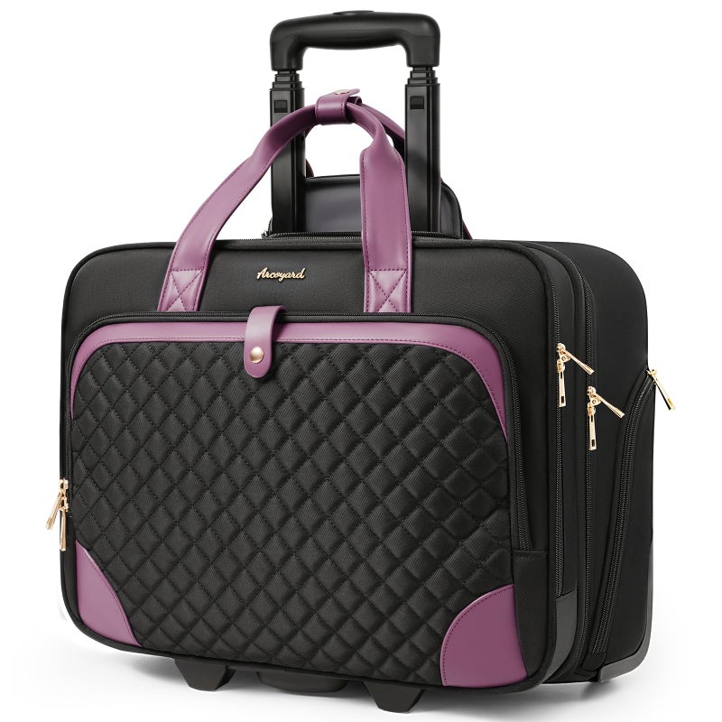 Arcoyard Rolling Laptop Bag, Rolling Briefcase for Women with Waterproof Pocket, 16 Inch Computer Bag, Underseat Carry On Luggage with Wheels for Work Travel Business, Lightweight Black Purple - Image 1