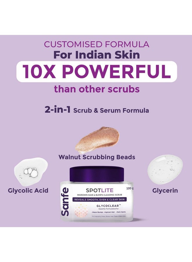 Sanfe Spotlite Ingrown Hair & Bumps Clearing Body Scrub For Dark Underarms, Inner Thighs And Sensitive Areas | 3X Quicker Penetration With Glycoclear | 10% Glycolic Acid, Walnut Beads | Helps in Depigmentation - 50gm, For Indian Women Skin - Image 3