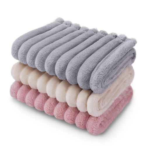 LINENLUX 1 Pack 3 Soft Fleece Dog Blanket for Pet Washable Warm Cat Puppy Fluffy Calming Flannel BeigePinkGrey Small - Image 1