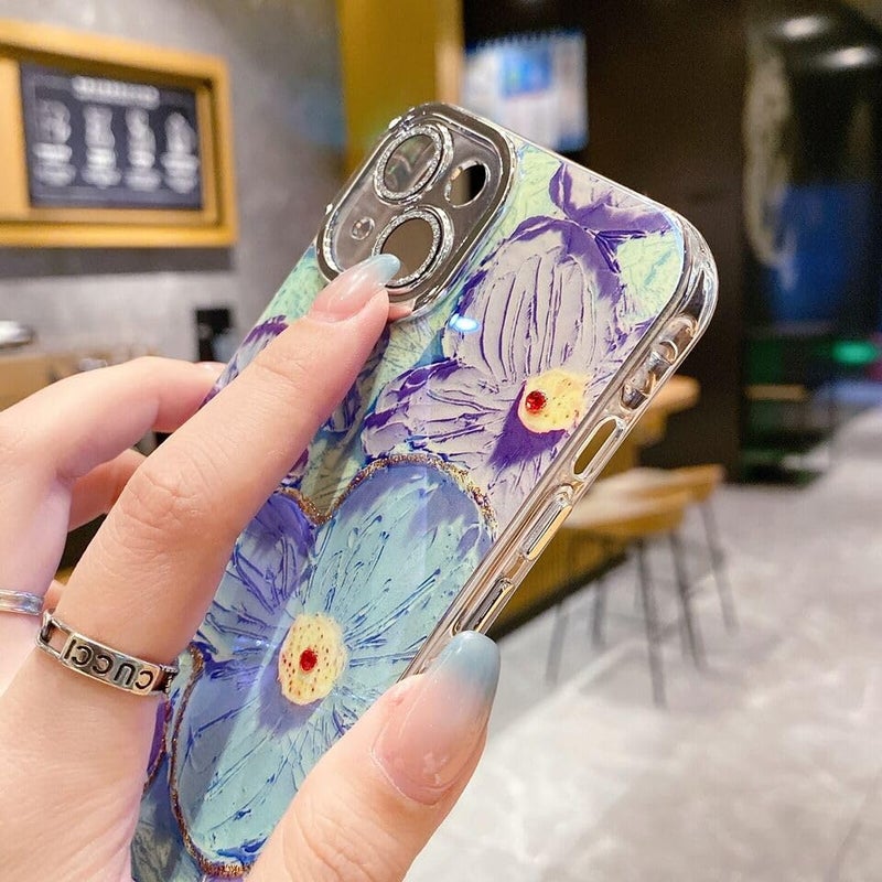 Elzzi Compatible with iPhone 13 Case 3D Laser Flower Oil Painting Cute Colorful Blue Ray Bumper with Full Camera Protection Shockproof PC+TPU Glossy Shiny Cover for Girls Women, Blue - Image 4