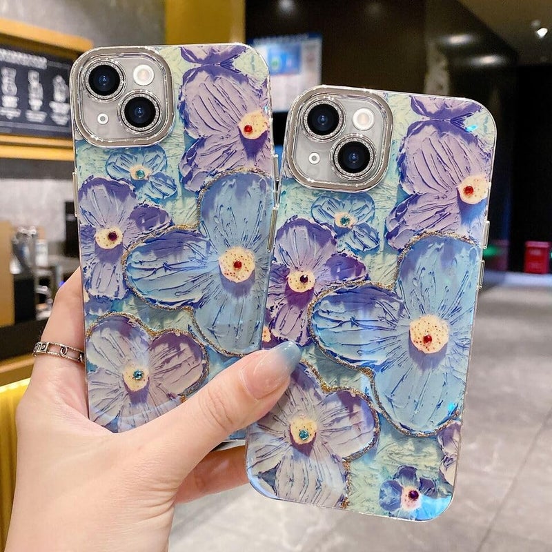 Elzzi Compatible with iPhone 13 Case 3D Laser Flower Oil Painting Cute Colorful Blue Ray Bumper with Full Camera Protection Shockproof PC+TPU Glossy Shiny Cover for Girls Women, Blue - Image 3
