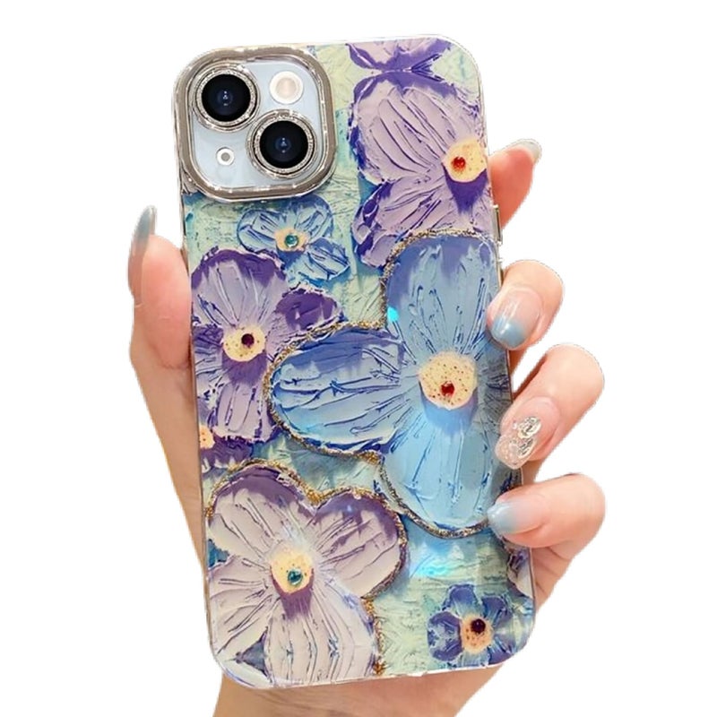 Elzzi Compatible with iPhone 13 Case 3D Laser Flower Oil Painting Cute Colorful Blue Ray Bumper with Full Camera Protection Shockproof PC+TPU Glossy Shiny Cover for Girls Women, Blue - Image 1