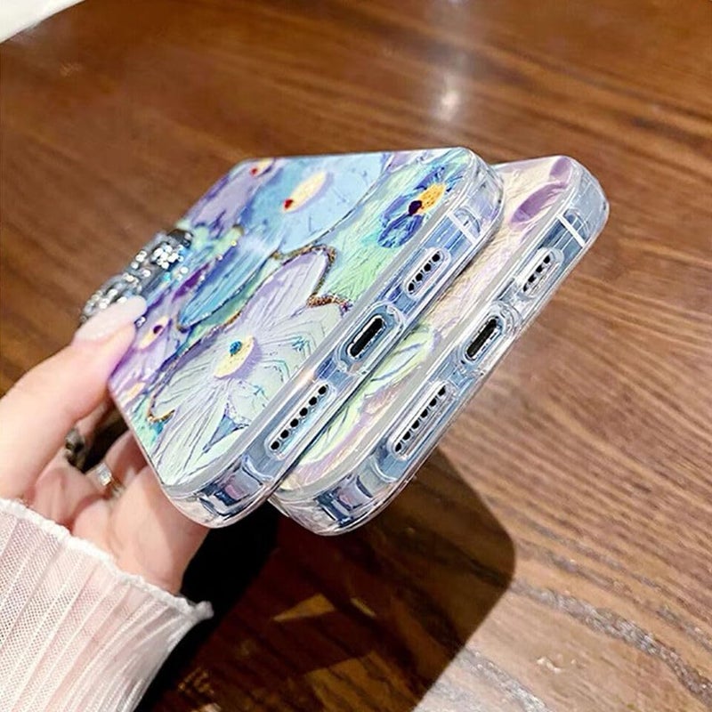 Elzzi Compatible with iPhone 13 Case 3D Laser Flower Oil Painting Cute Colorful Blue Ray Bumper with Full Camera Protection Shockproof PC+TPU Glossy Shiny Cover for Girls Women, Blue - Image 5