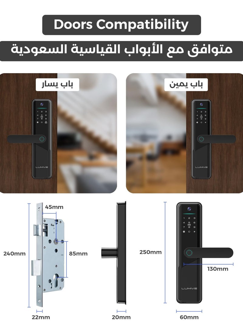 Lumive Smart Door Lock,Arabic Language Support, KSA version Mortise 4585, WiFi App Control, Suitable for Outdoors, Fingerprint Entry, Passwords, Deadbolt, Keys, 5 RFID Cards (Guardian G12 + Camera)