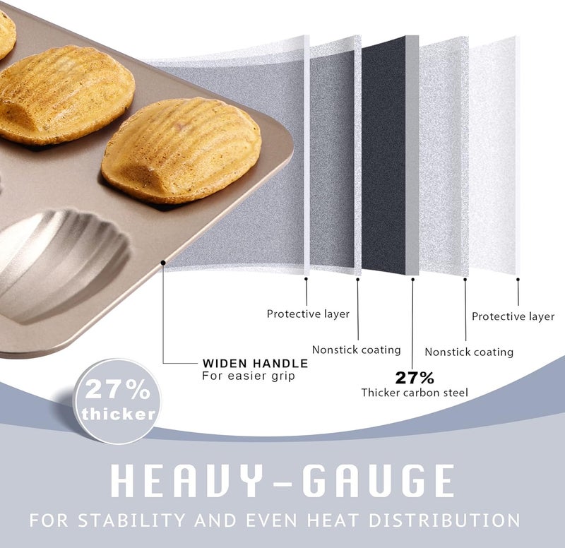 HONGBAKE صينية خبز ماندلين غير لاصقة من هونغبايك ( Nonstick Madeleine Pan)، عبوة تحتوي على 2 صينيات، كل صينية تحتوي على 12 فتحة، مصممة لخبز الكوكيز من نوع ماندلين في الفرن، مقاومة للتشوه، بشكل قوسي، لون ذهبي شامبانيا (Champagne Gold). - Image 5