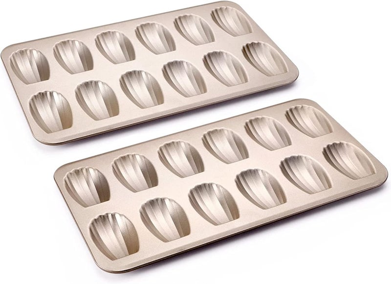 HONGBAKE صينية خبز ماندلين غير لاصقة من هونغبايك ( Nonstick Madeleine Pan)، عبوة تحتوي على 2 صينيات، كل صينية تحتوي على 12 فتحة، مصممة لخبز الكوكيز من نوع ماندلين في الفرن، مقاومة للتشوه، بشكل قوسي، لون ذهبي شامبانيا (Champagne Gold). - Image 1