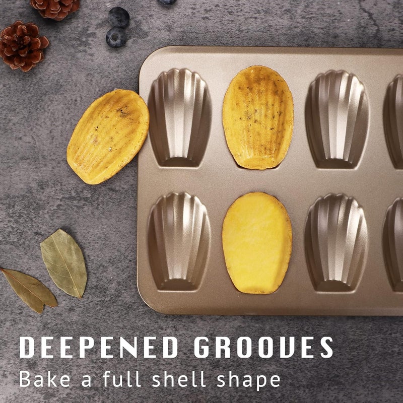 HONGBAKE صينية خبز ماندلين غير لاصقة من هونغبايك ( Nonstick Madeleine Pan)، عبوة تحتوي على 2 صينيات، كل صينية تحتوي على 12 فتحة، مصممة لخبز الكوكيز من نوع ماندلين في الفرن، مقاومة للتشوه، بشكل قوسي، لون ذهبي شامبانيا (Champagne Gold). - Image 3