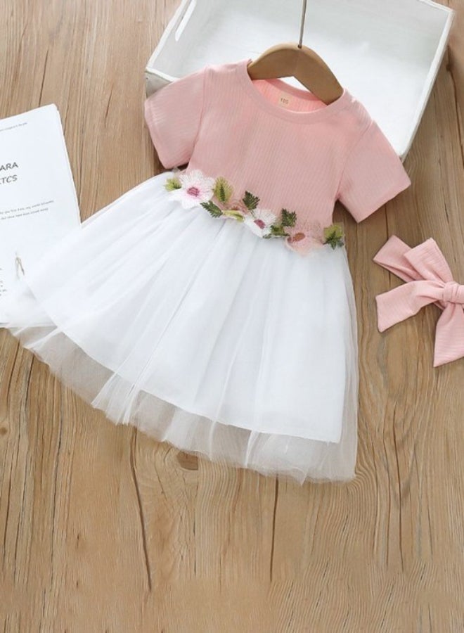 يونيكي Peach Fit & Flare Crew Neck Embellished Dress - Image 1