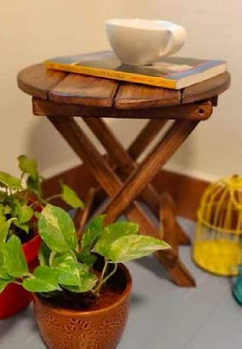 Craftenia Beautiful Wooden Antique Folding End Table | Portable Stool | Plant Stand | Home Decor | Side Table | Coffee Table for Living Room, Bedroom and Office Corners (Brown) - Image 1