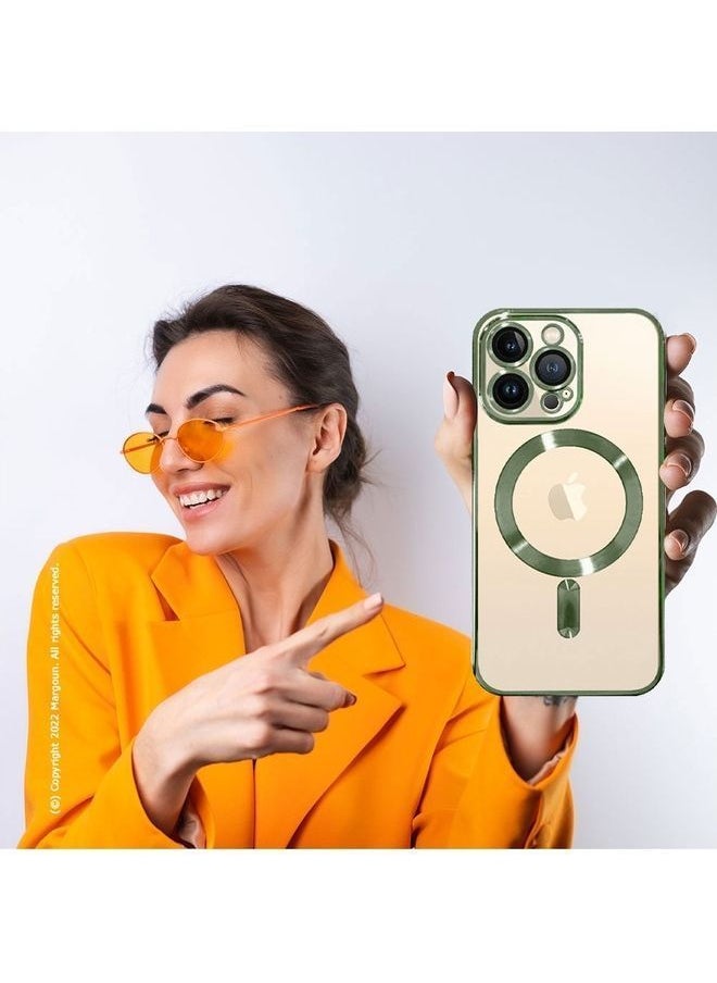 NIBEMINENT - MagSafe Case Magnetic Clear Soft TPU Plating Wireless Charging Compatible Shockproof Camera Lens Protection For Apple iPhone 14 Pro Olive Green - Image 1