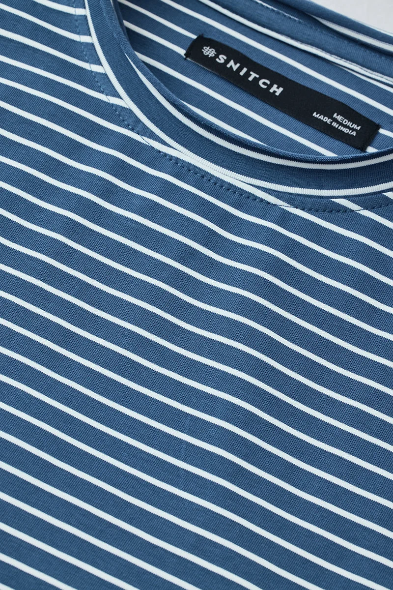 Snitch Blue Stripes Slim Fit Stretch T-Shirt for Men | Best Price UAE