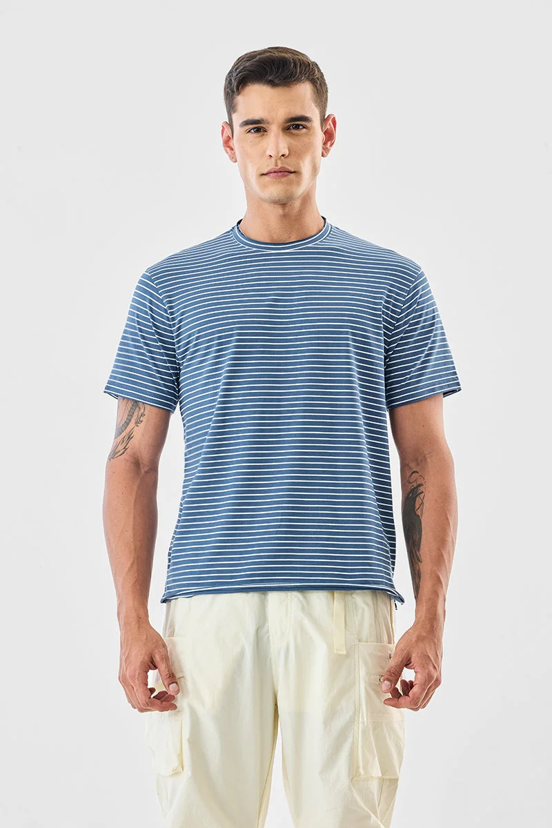 Snitch Blue Stripes Slim Fit Stretch T-Shirt for Men | Best Price UAE