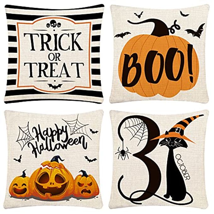 CH HAICHENG Halloween Pillow Covers 18x18 Set of 4 Trick or Treat Pillow Covers Happy Halloween Linen Sofa Bed Throw Cushion Cover Decoration - Image 1