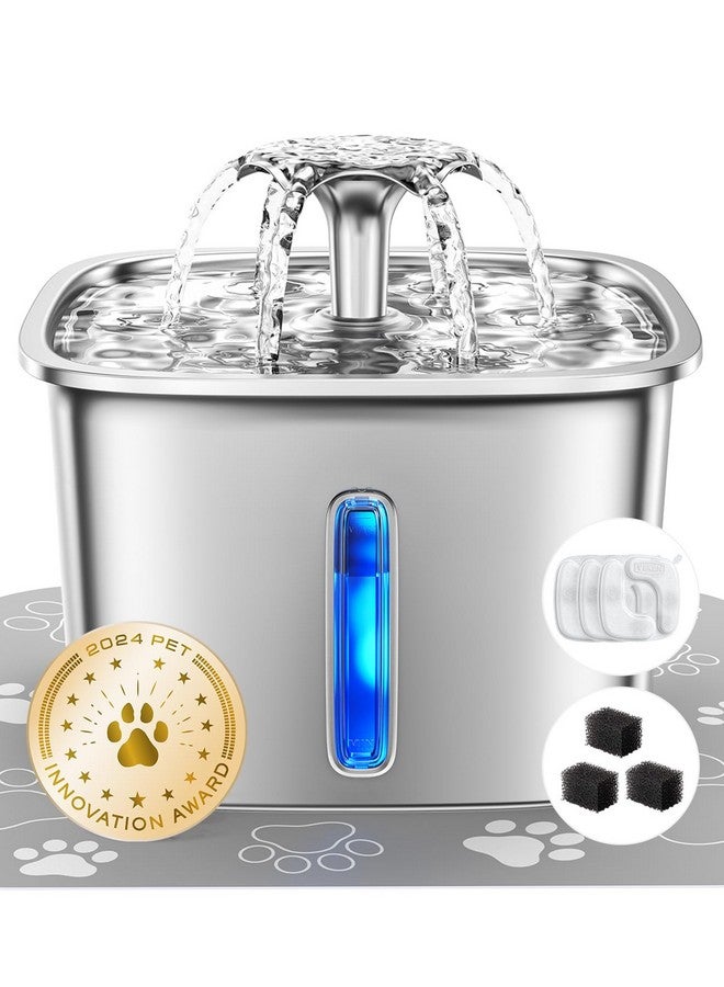 فيكن نافورة مياه للقطط من الفولاذ المقاوم للصدأ، حائزة على جائزة Veken Innovation، سعة 2.8 لتر/95 أونصة، مزودة بثلاثة فلاتر بديلة وثلاثة إسفنجات ترشيح مسبقة وسجادة سيليكون للقطط والكلاب (فضية) - Image 1