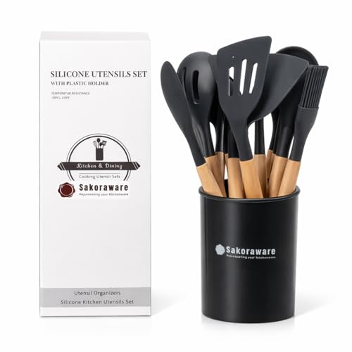 Sakoraware Silicone Kitchen Utensils Spoon Spatula Cooking 12 Pcs Set | Baking Set | Non-Stick with Wooden Handle- BPA Free, Heat Resistant Item Flexible Non Toxic Silicon Cookware Tools with Holder - Image 2