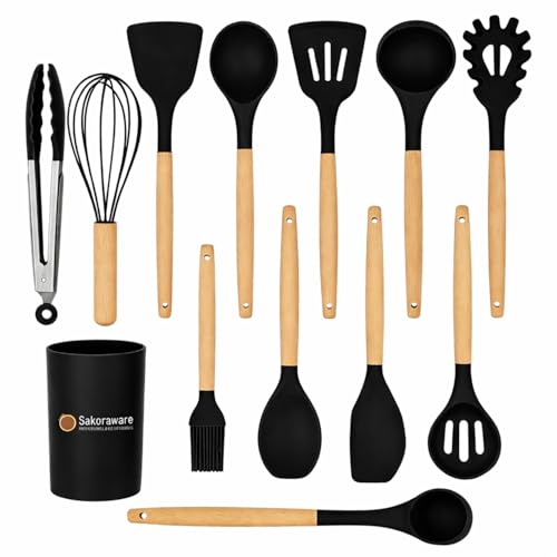 Sakoraware Silicone Kitchen Utensils Spoon Spatula Cooking 12 Pcs Set | Baking Set | Non-Stick with Wooden Handle- BPA Free, Heat Resistant Item Flexible Non Toxic Silicon Cookware Tools with Holder - Image 1
